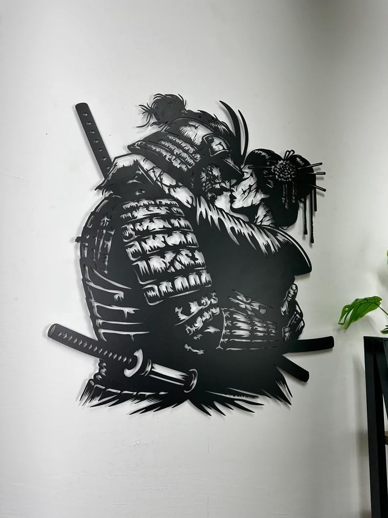 Samurai \u0026 Geisha Metal Wall Art – Japanese Warrior Decor – NORTH KAISER LLC, image size:794x1059