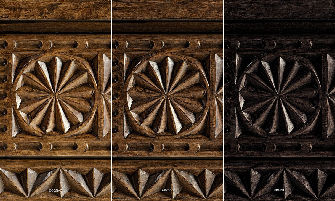 Valencia Bar Cabinet – close-up of the carved door medallion in three finishes including a dark one
