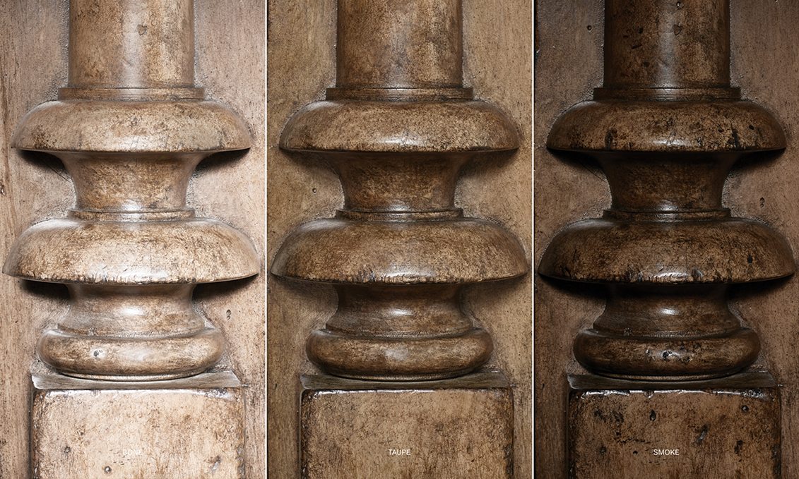 Paloma Console Table With Drawers – close-up of a turned leg in three finishes