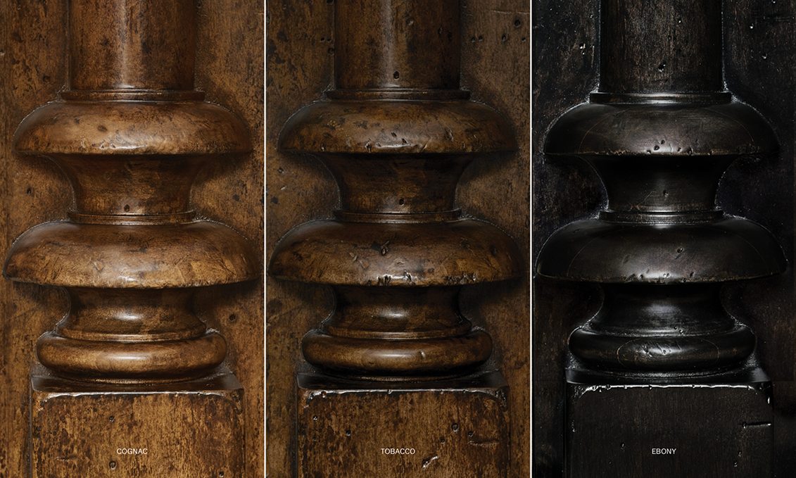Paloma Console Table With Drawers – close-up of a turned leg in three finishes including black