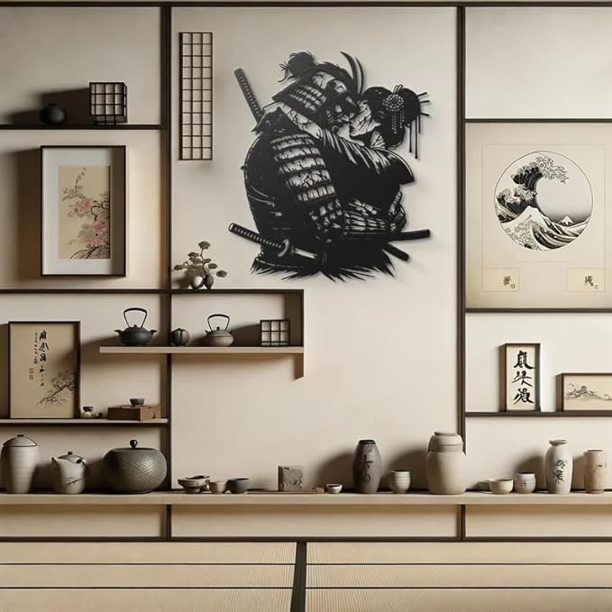Samurai Warrior & Geisha Embrace Metal Wall Art