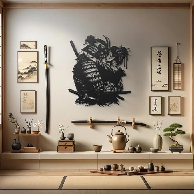 Samurai Warrior & Geisha Embrace Metal Wall Art