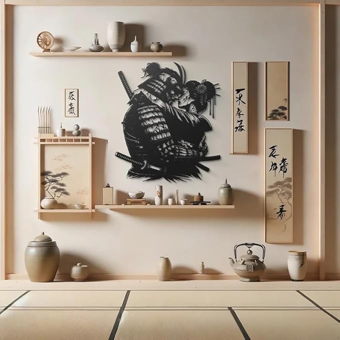 Samurai Warrior & Geisha Embrace Metal Wall Art