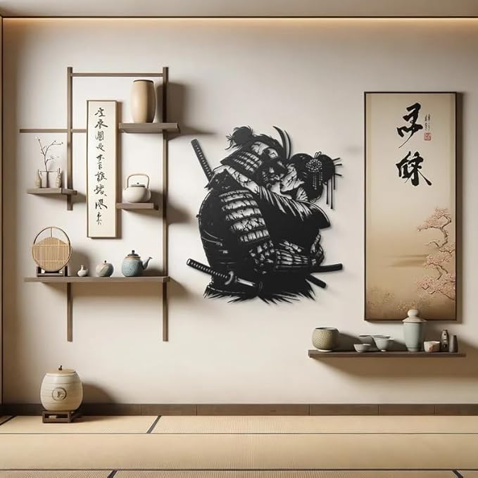 Samurai Warrior & Geisha Embrace Metal Wall Art