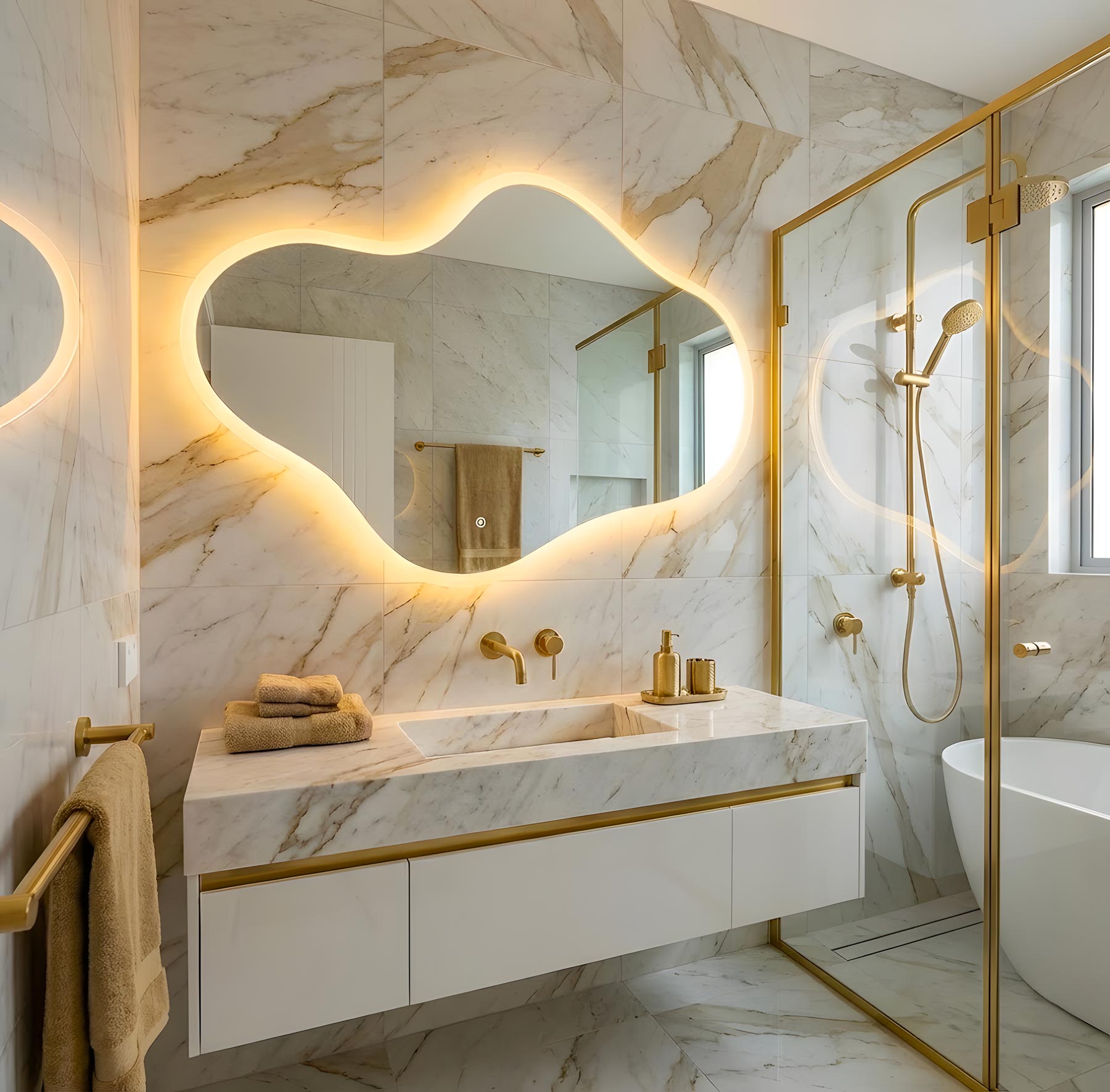 Curva Asymmetrical Led Lighted Mirror for Bathroom