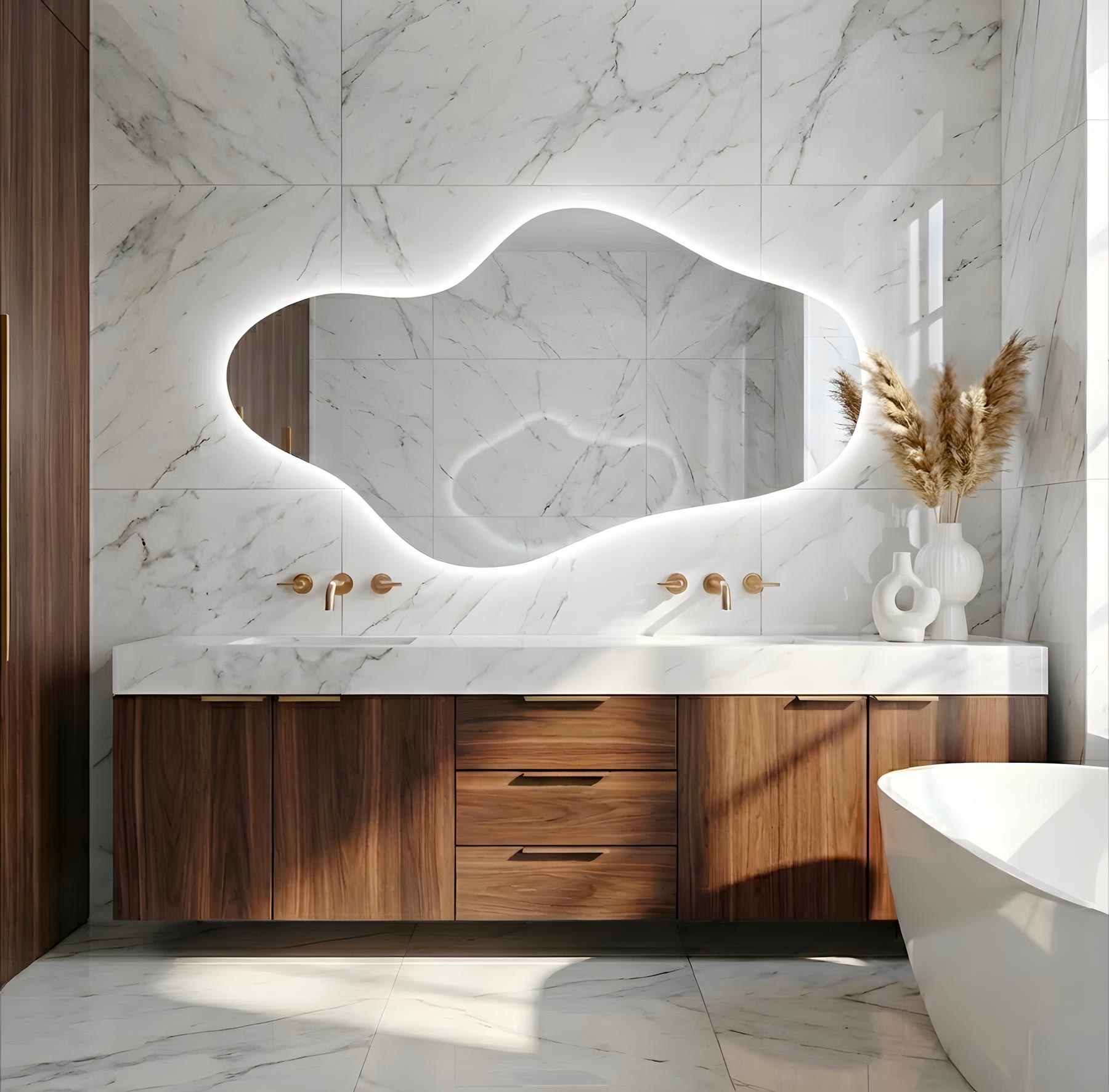 Curva Asymmetrical Led Lighted Mirror for Bathroom