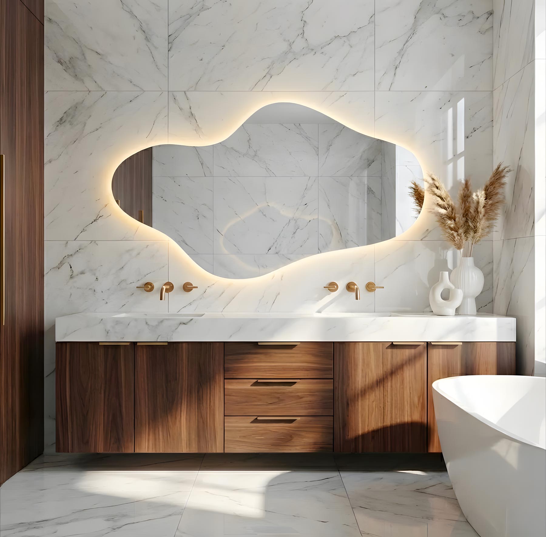 Curva Asymmetrical Led Lighted Mirror for Bathroom