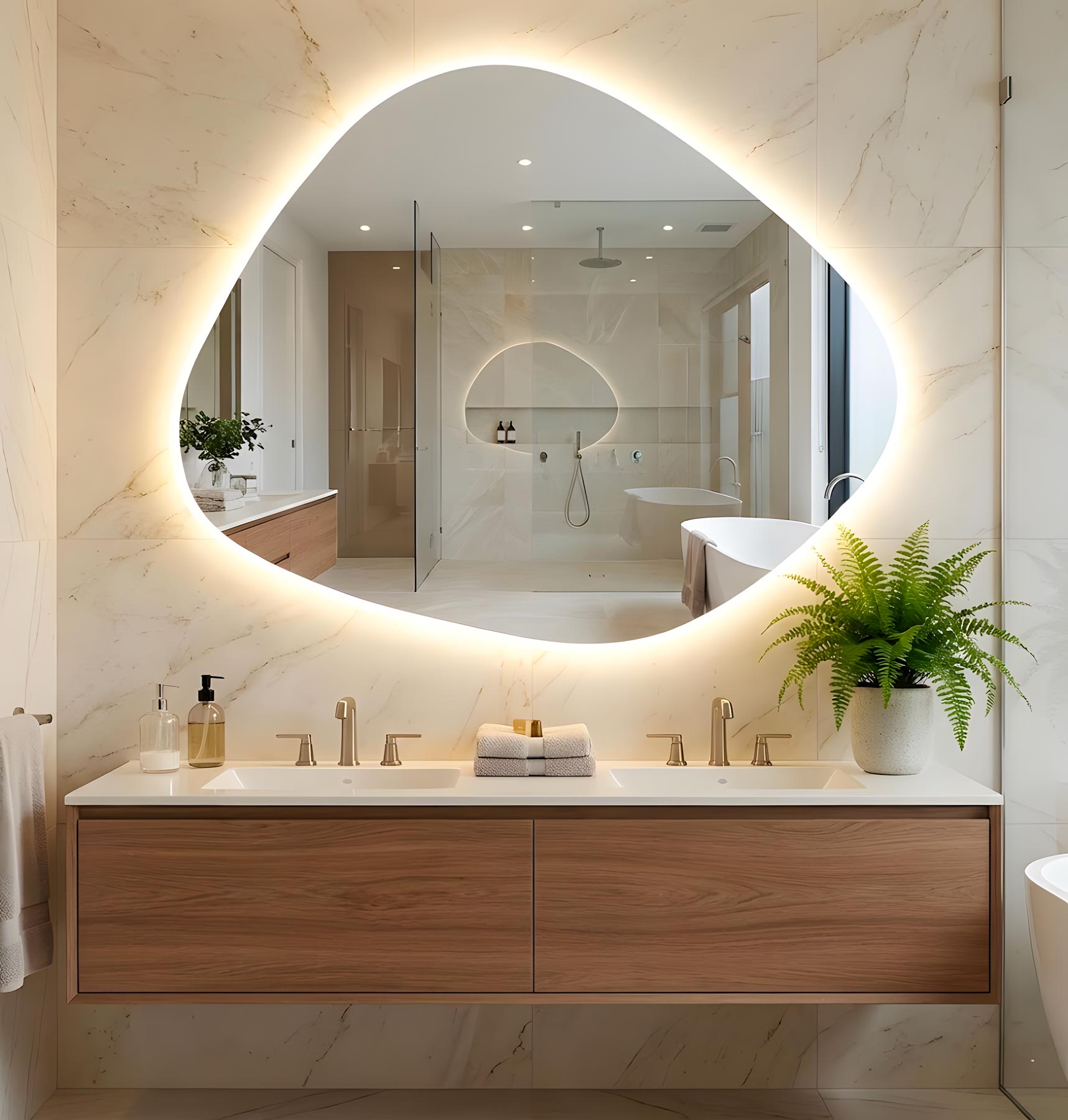 TS Asymmetrical LED Bathroom Mirror, warm light, side view