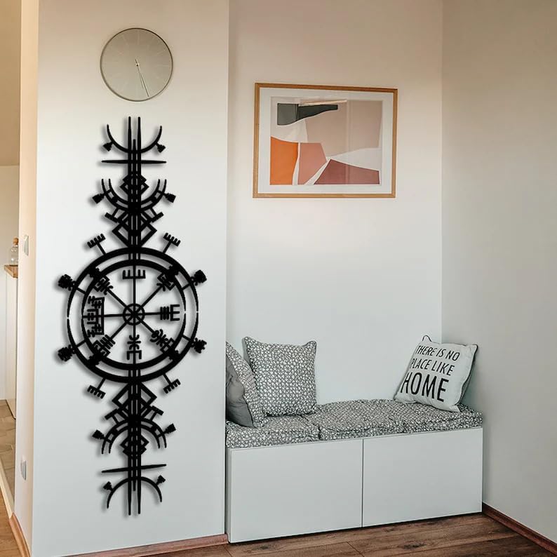 NORTH KAISER Metal Wall Art - Viking Wayfinders Wall Decor - Extraordinary Vegvisir Sculpture - Viking Symbol Wall Hanging - Rune Circle with Mjölnir - Old Norse Sign (Black - 47.2'' x 15.7'' / 120 x