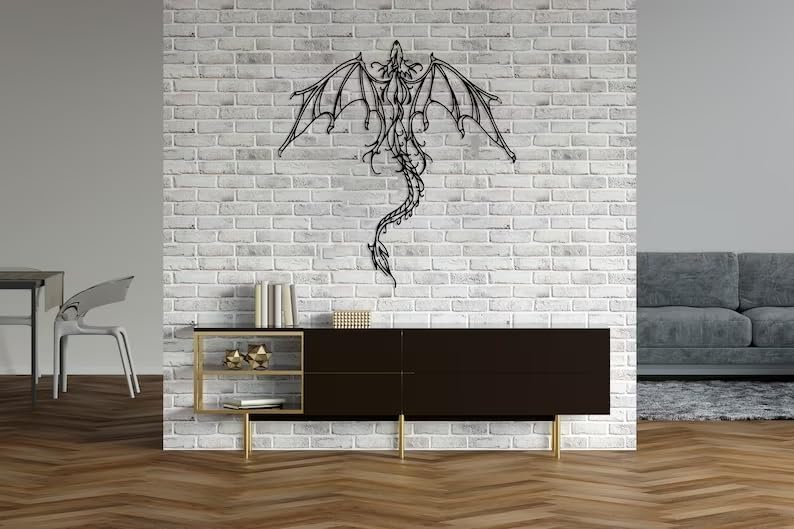 Dragon Metal Wall Art | Legendary Fantastic Dragon Wall Decor | Mythologic Wall Hanging | Man Cave Decorative | Mythic Wyvern Sculpture for Living Room Bedroom Game Room (Black - 15.5'' x 15.1'' / 40