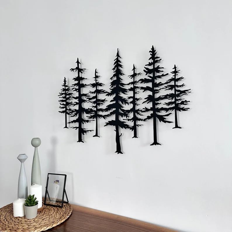 NORTH KAISER Metal Wall Art | Forest Wall Decor | Pine Tree Wall Sculpture Decoration for Living Room Bedroom Outdoor Rustic Farmhouse Housewarming Gift (Black, 23.6'' x 16.7'' / 60 x 42.8 cm)