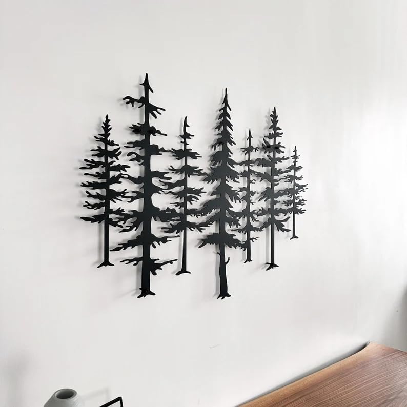 NORTH KAISER Metal Wall Art | Forest Wall Decor | Pine Tree Wall Sculpture Decoration for Living Room Bedroom Outdoor Rustic Farmhouse Housewarming Gift (Black, 23.6'' x 16.7'' / 60 x 42.8 cm)