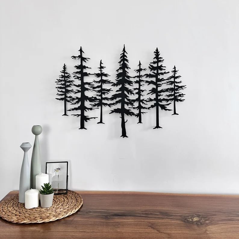 NORTH KAISER Metal Wall Art | Forest Wall Decor | Pine Tree Wall Sculpture Decoration for Living Room Bedroom Outdoor Rustic Farmhouse Housewarming Gift (Black, 23.6'' x 16.7'' / 60 x 42.8 cm)