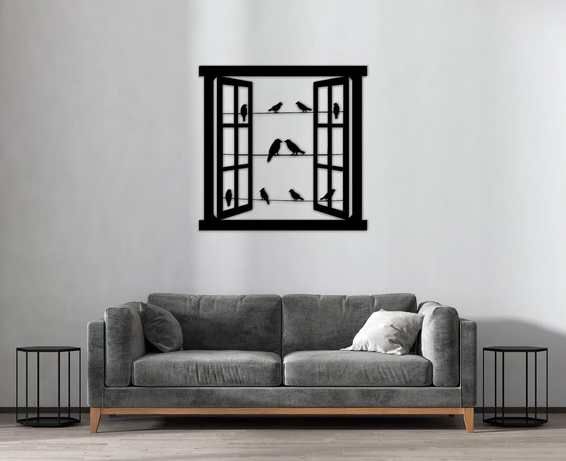 NORTH KAISER Metal Wall Art | Windows & Birds Wall Decor | Large Wall Hanging | Home Decorations for Bedroom Living Room Indoor/Outdoor Housewarming Gift (29.1'' x 29.1'' / 74 x 74 cm, Black)