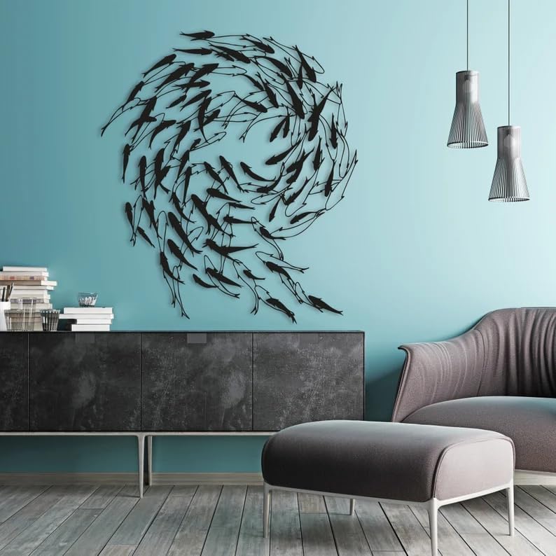 NORTH KAISER Metal Wall Art - School of Fish Wall Decor - Black Wall Hanging for Living Room Bathroom Bedroom Outdoor (23.6'' x 21'' / 60 x 52 cm)