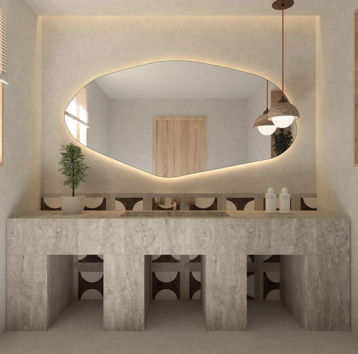 Asymmetrical LED Bathroom Mirror, Irregular Shape Vanity Wall With Light, Modern Full Length Backlit, Frameless Long Washbasin Light Up (55" x 27")