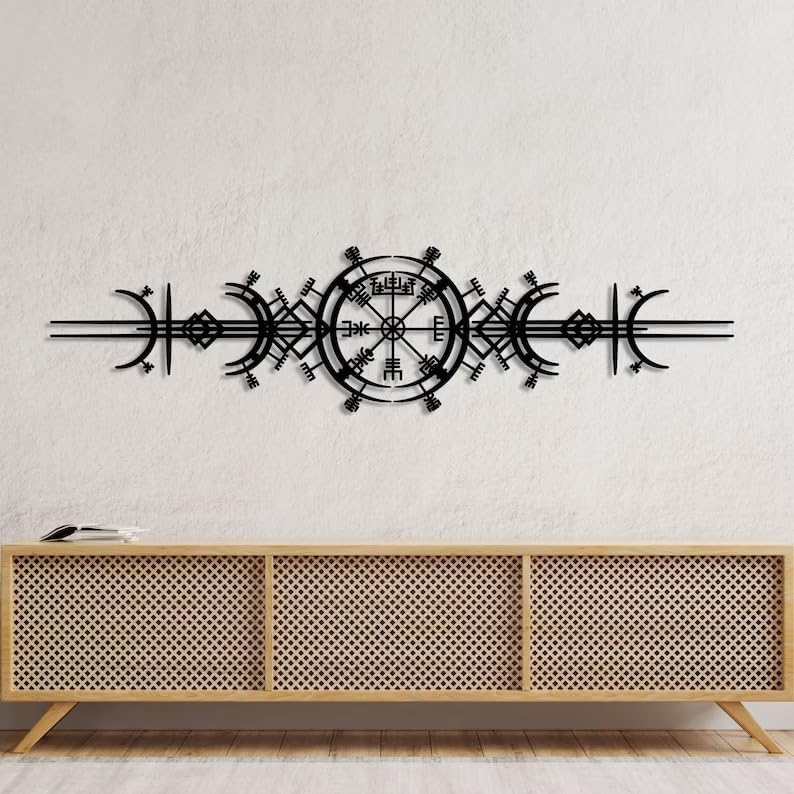 NORTH KAISER Metal Wall Art - Viking Wayfinders Wall Decor - Extraordinary Vegvisir Sculpture - Viking Symbol Wall Hanging - Rune Circle with Mjölnir - Old Norse Sign (Black - 47.2'' x 15.7'' / 120 x