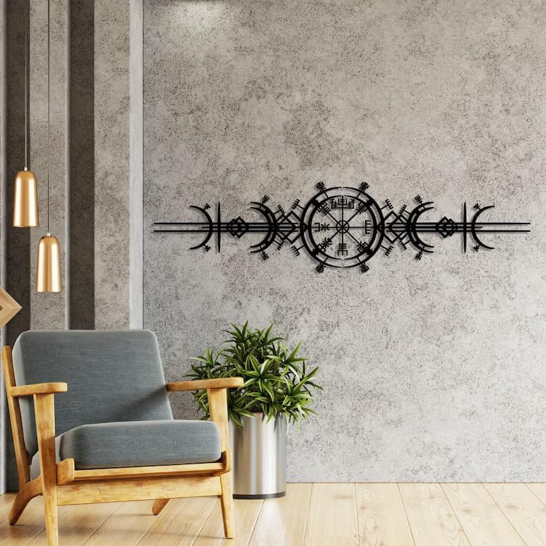 NORTH KAISER Metal Wall Art - Viking Wayfinders Wall Decor - Extraordinary Vegvisir Sculpture - Viking Symbol Wall Hanging - Rune Circle with Mjölnir - Old Norse Sign (Black - 47.2'' x 15.7'' / 120 x