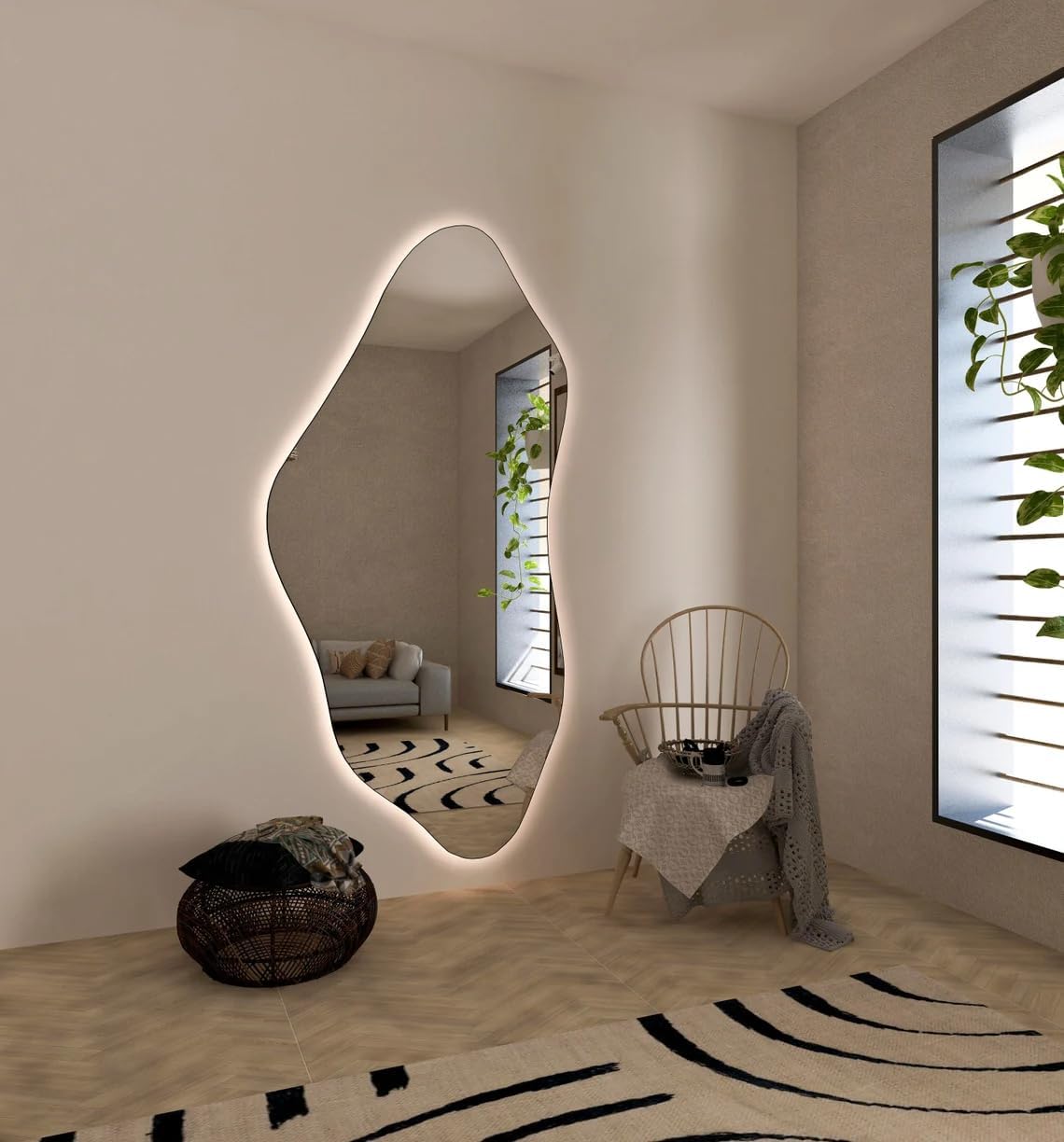 Asymmetrical Bathroom LED Mirror, Modern Irregular Shape Wall Mirror with LED Lights, Frameless Aesthetic Backlit LED Illimunated Vanity Mirror (30" x 15" inc)