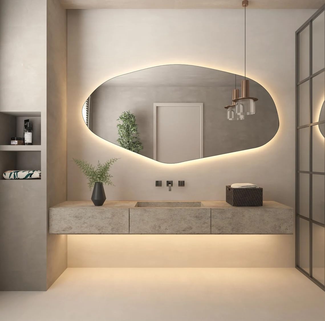 Asymmetrical LED Bathroom Mirror, Irregular Shape Vanity Wall With Light, Modern Full Length Backlit, Frameless Long Washbasin Light Up (55" x 27")