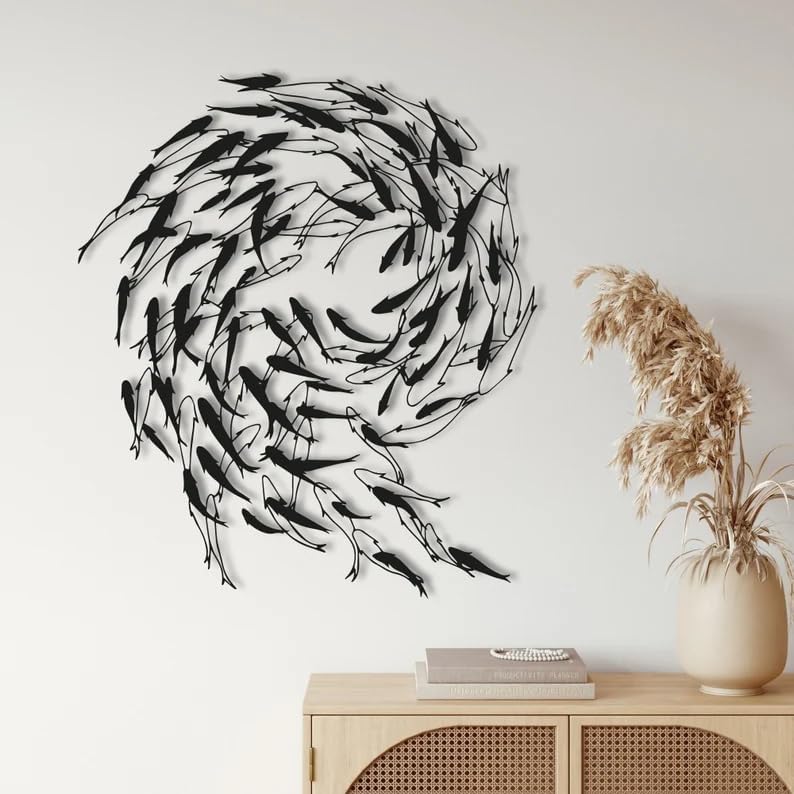 NORTH KAISER Metal Wall Art - School of Fish Wall Decor - Black Wall Hanging for Living Room Bathroom Bedroom Outdoor (23.6'' x 21'' / 60 x 52 cm)