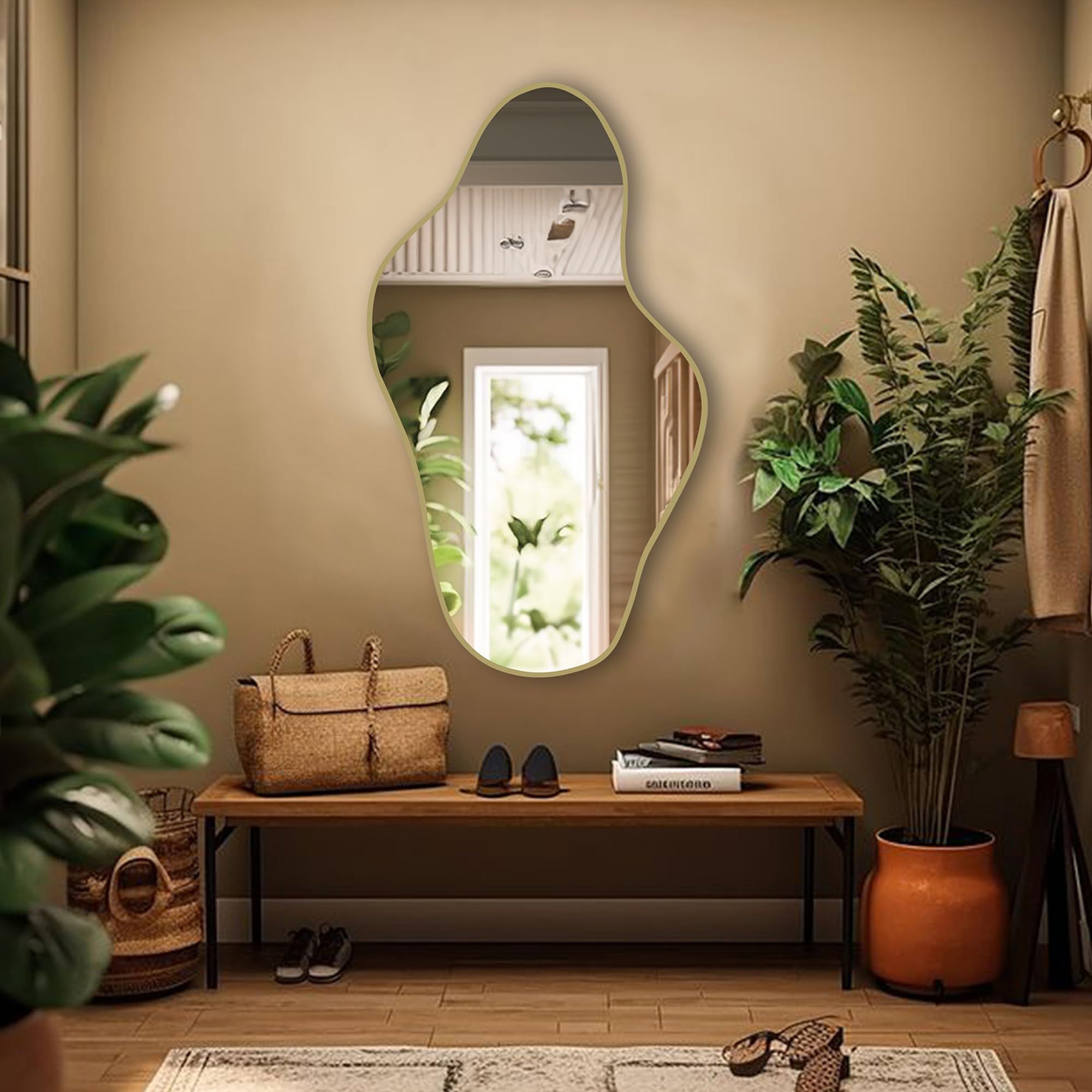 Wall Mirrors Decorative Asymmetrical Wood Frame for Bathroom