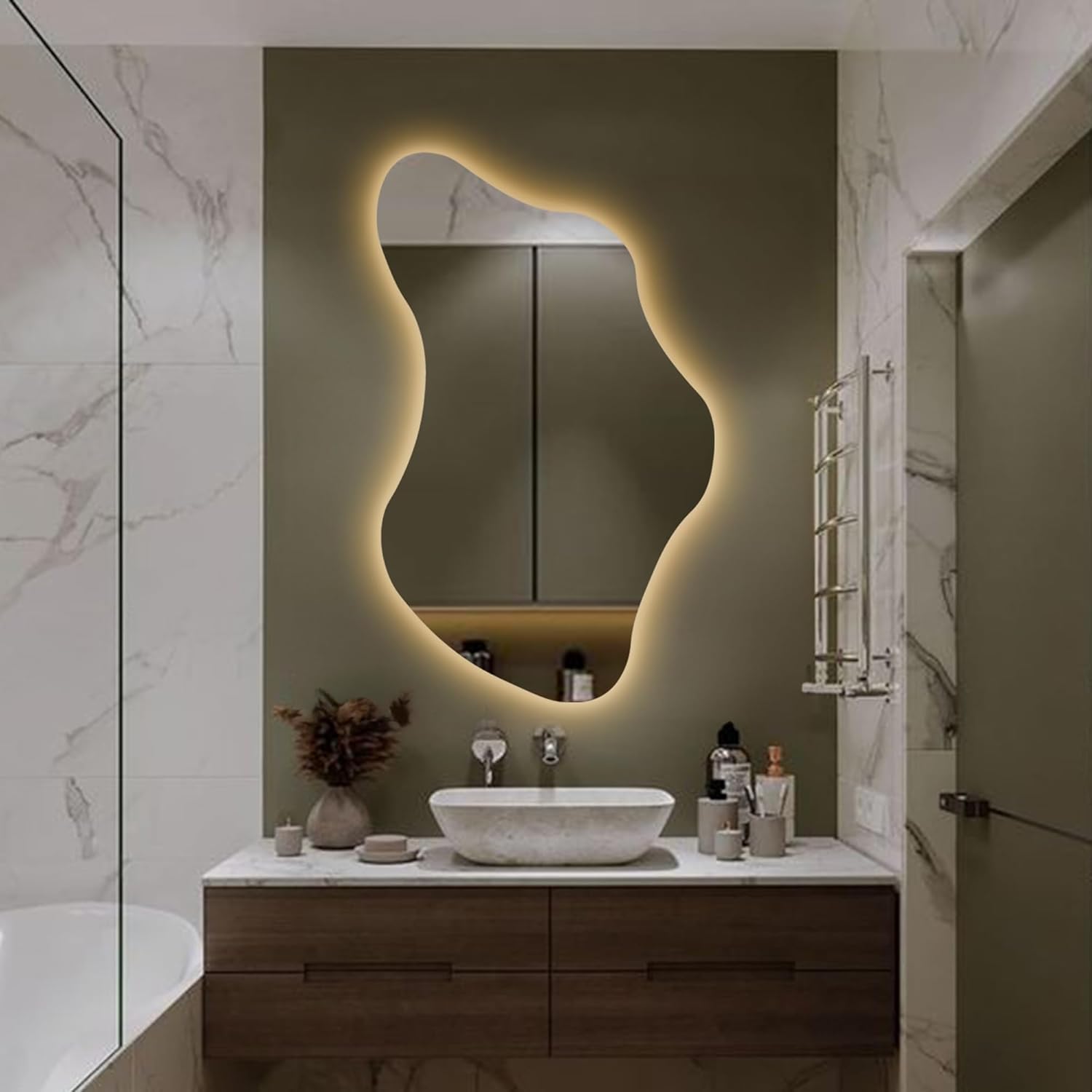 Iris Asymmetrical Led Lighted Mirror for Bathroom