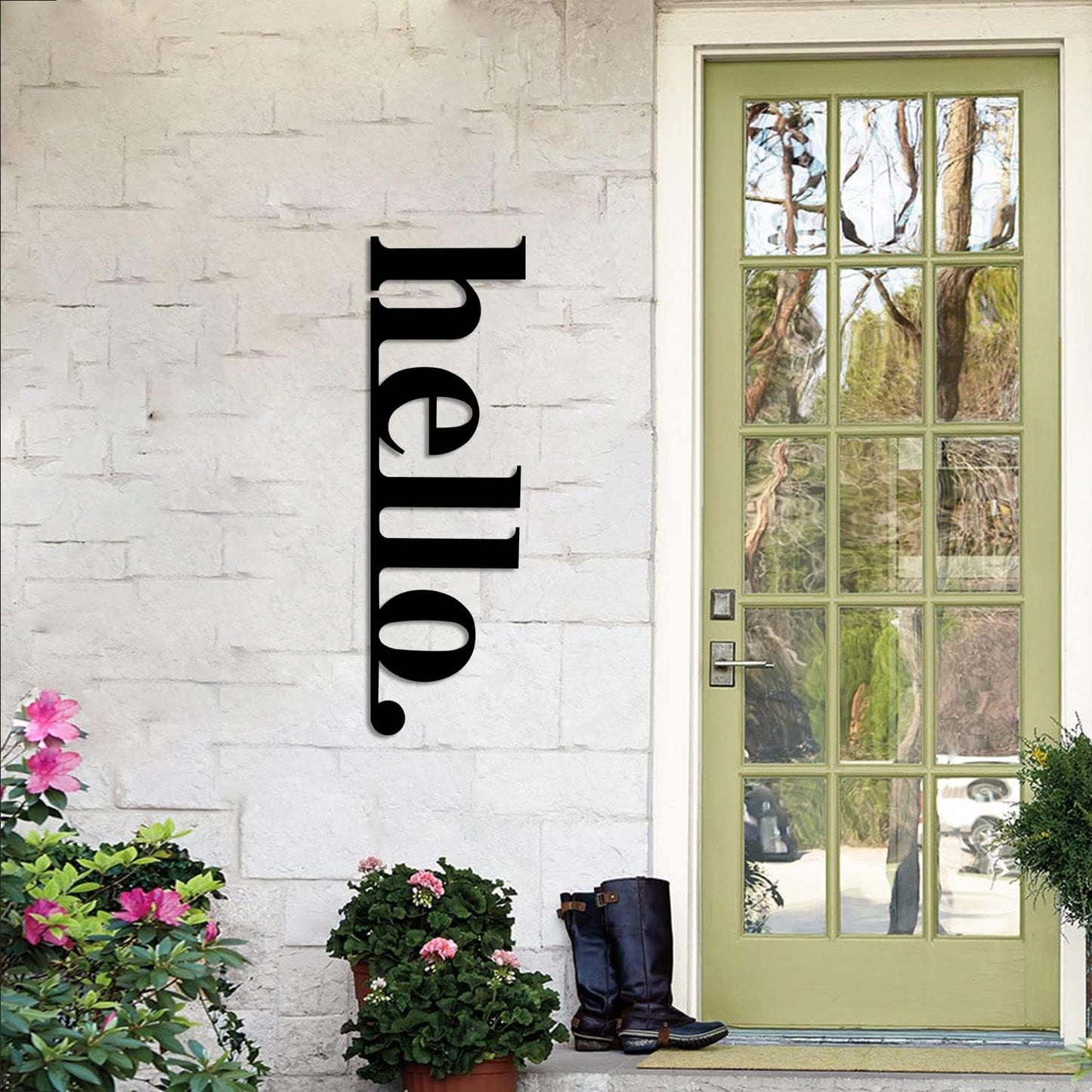 Hello Metal Sign | Welcome Outdoor Wall Art | Front Porch Sign | Vertical Wall Decor | Farmhouse Home Decoration for Entryway Housewarming Gift (13.8'' x 4.13'' / 35 x 10.5 cm)