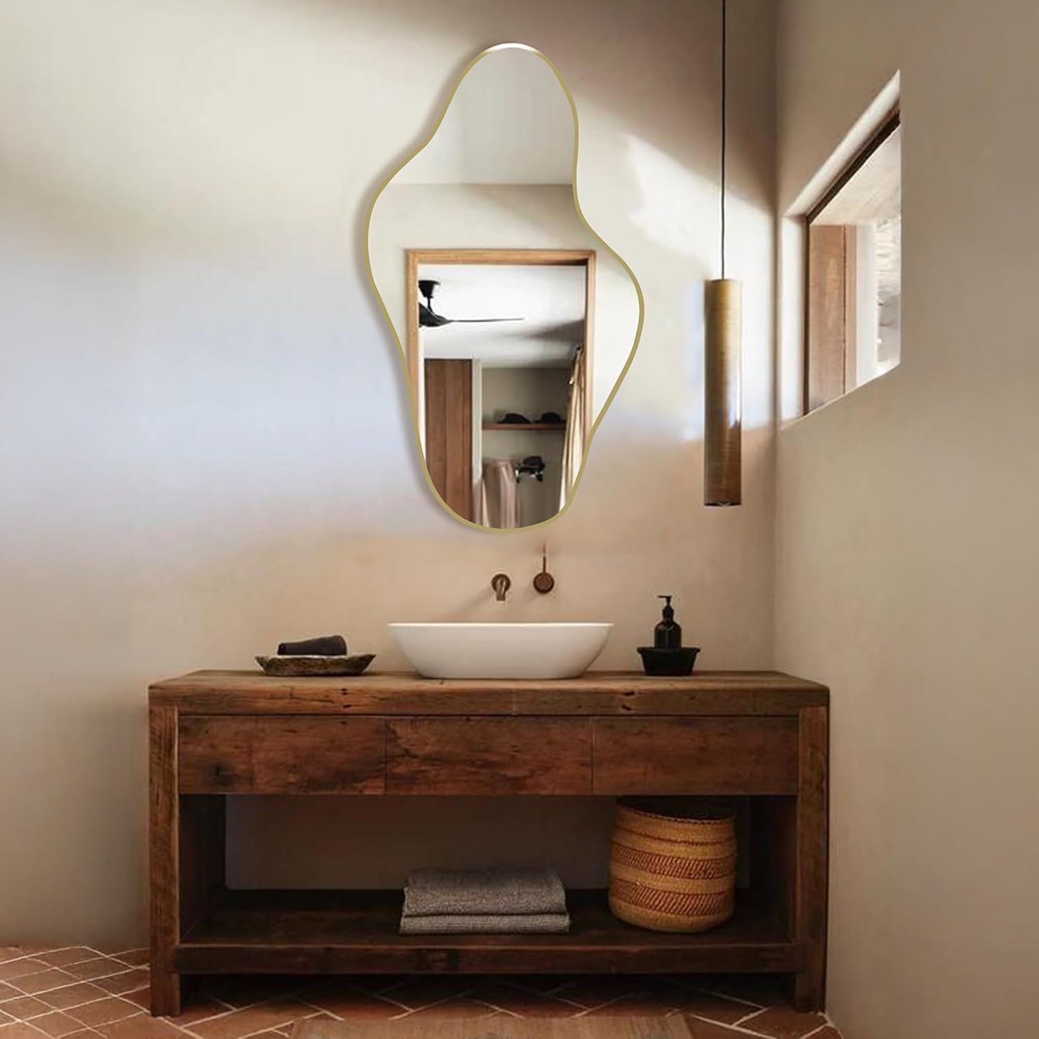 Wall Mirrors Decorative Asymmetrical Wood Frame for Bathroom