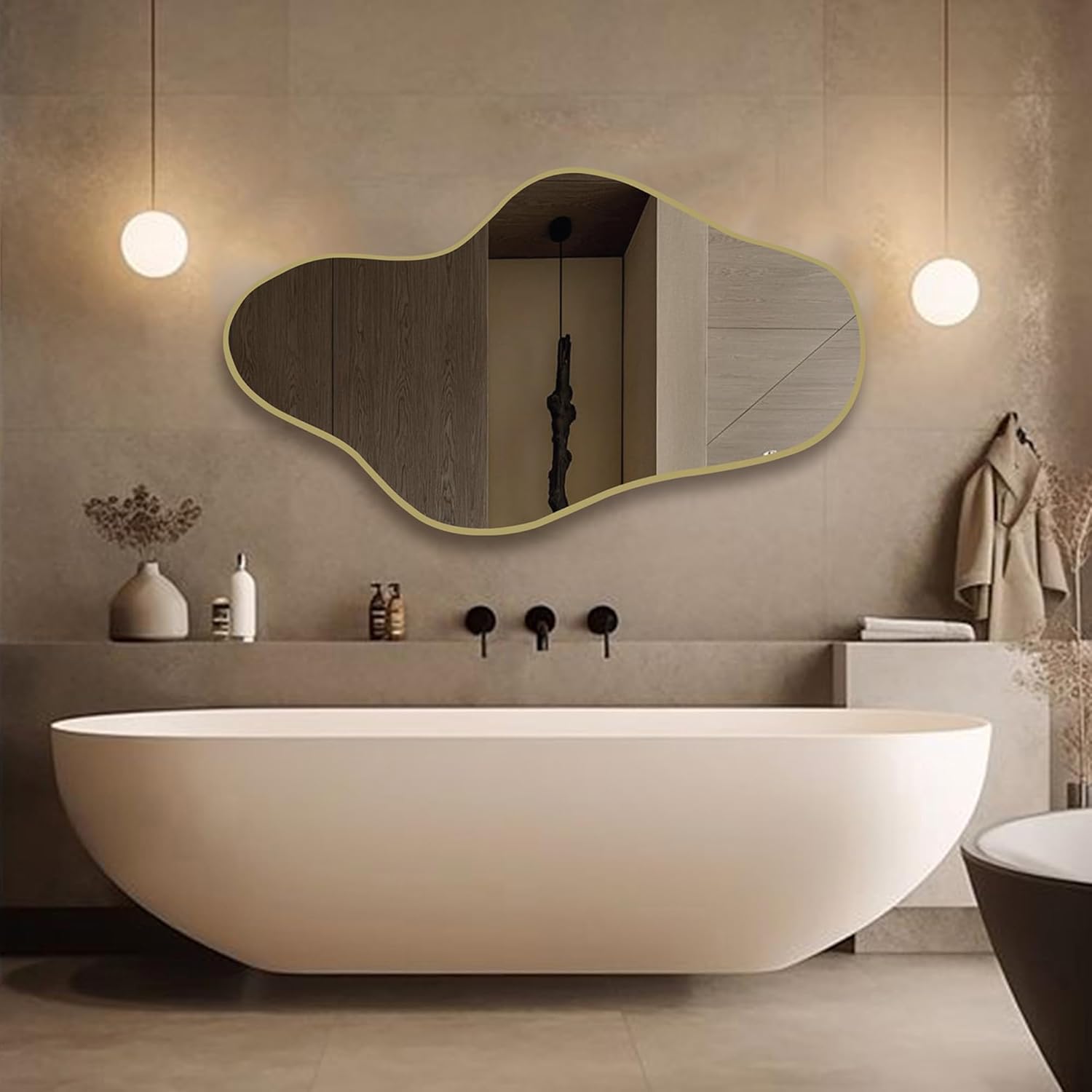 Wall Mirrors Decorative Asymmetrical Wood Frame for Bathroom