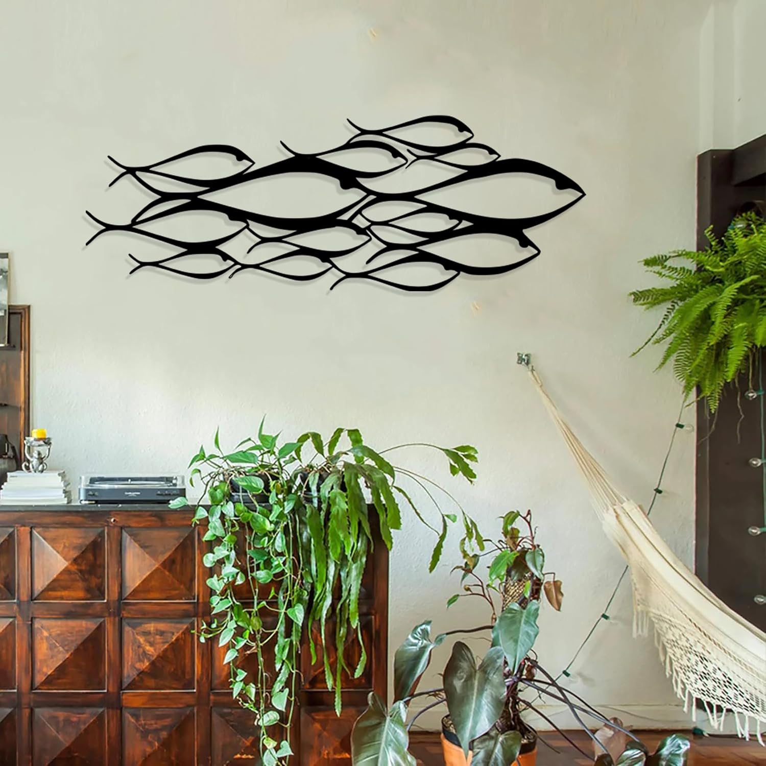 NORTH KAISER Metal Wall Art - School of Fish Wall Decor - Black Wall Sculpture for Living Room Bedroom Outdoor Housewarming Gift (46.45'' x 16.9'' / 118 x 42.9 cm)