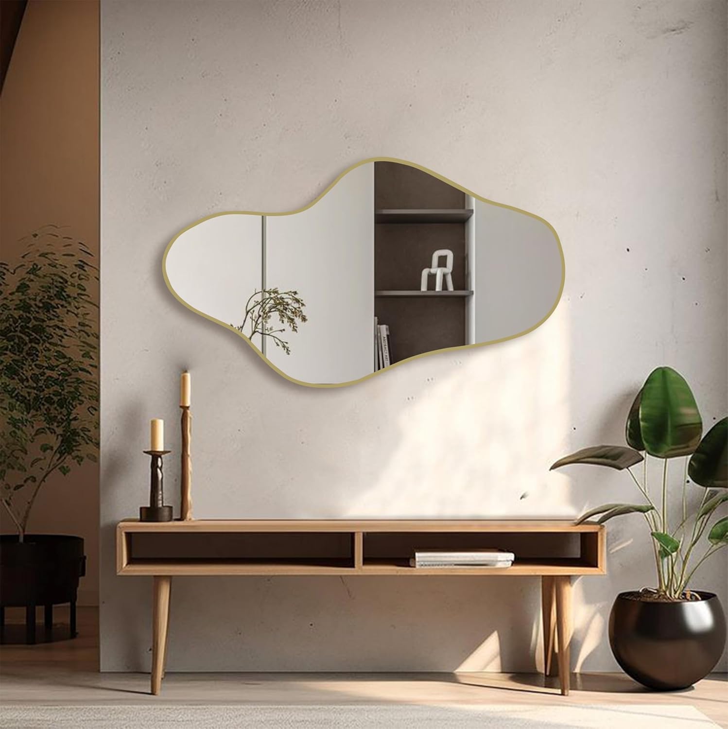 Wall Mirrors Decorative Asymmetrical Wood Frame for Bathroom