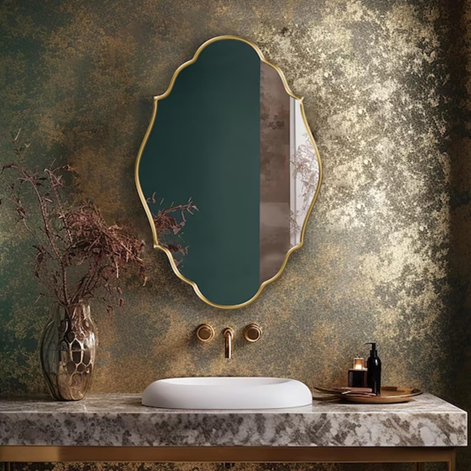 Irregular Italian Mirror | Asymmetrical Wood Framed Mirror for Wall, Aesthetic Modern Bathroom Vanity, Decorative Arch Mirror for Entry Way (Gold, 13"x20" inc)