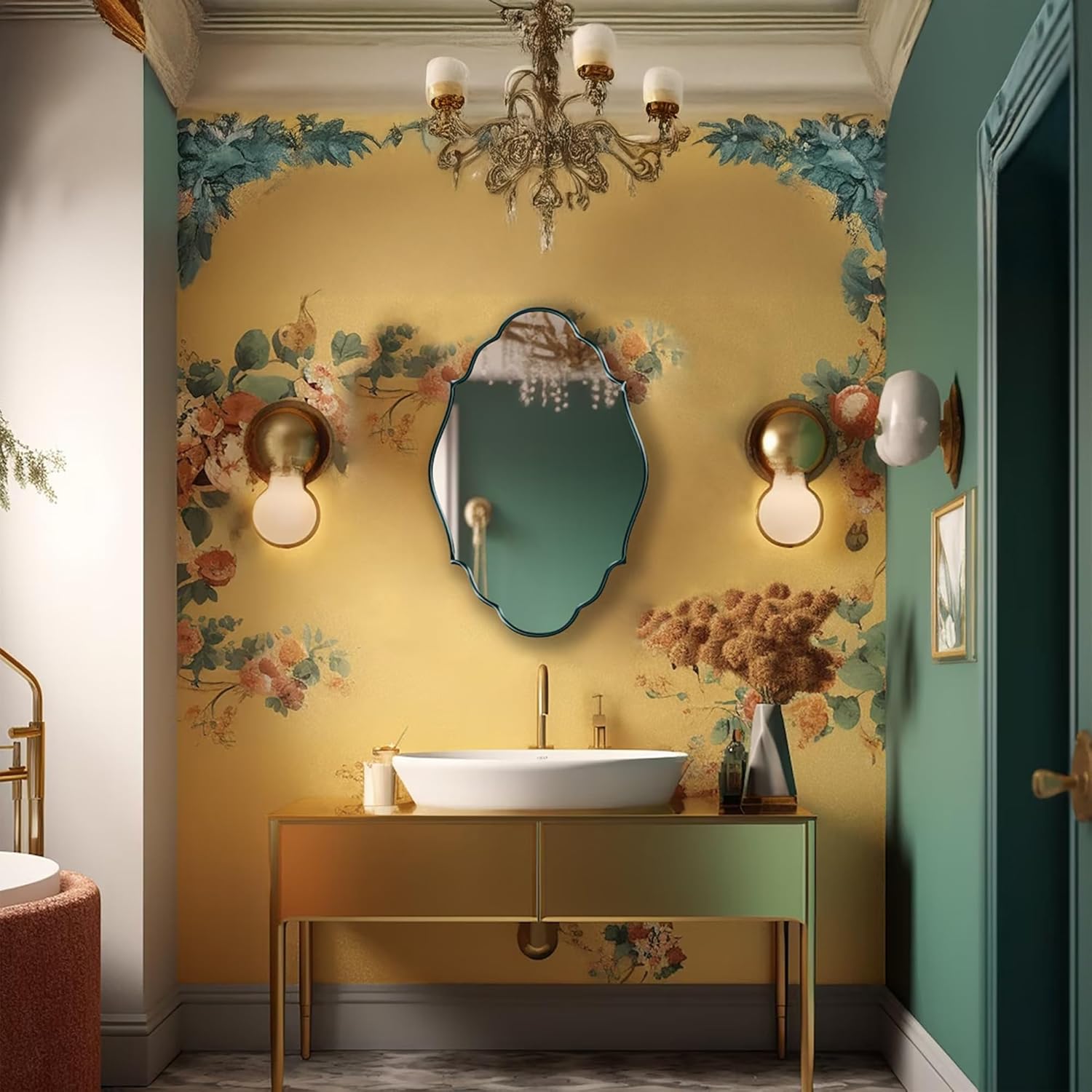 Irregular Italian Mirror | Asymmetrical Wood Framed Mirror for Wall, Aesthetic Modern Bathroom Vanity, Decorative Arch Mirror for Entry Way (Gold, 13"x20" inc)