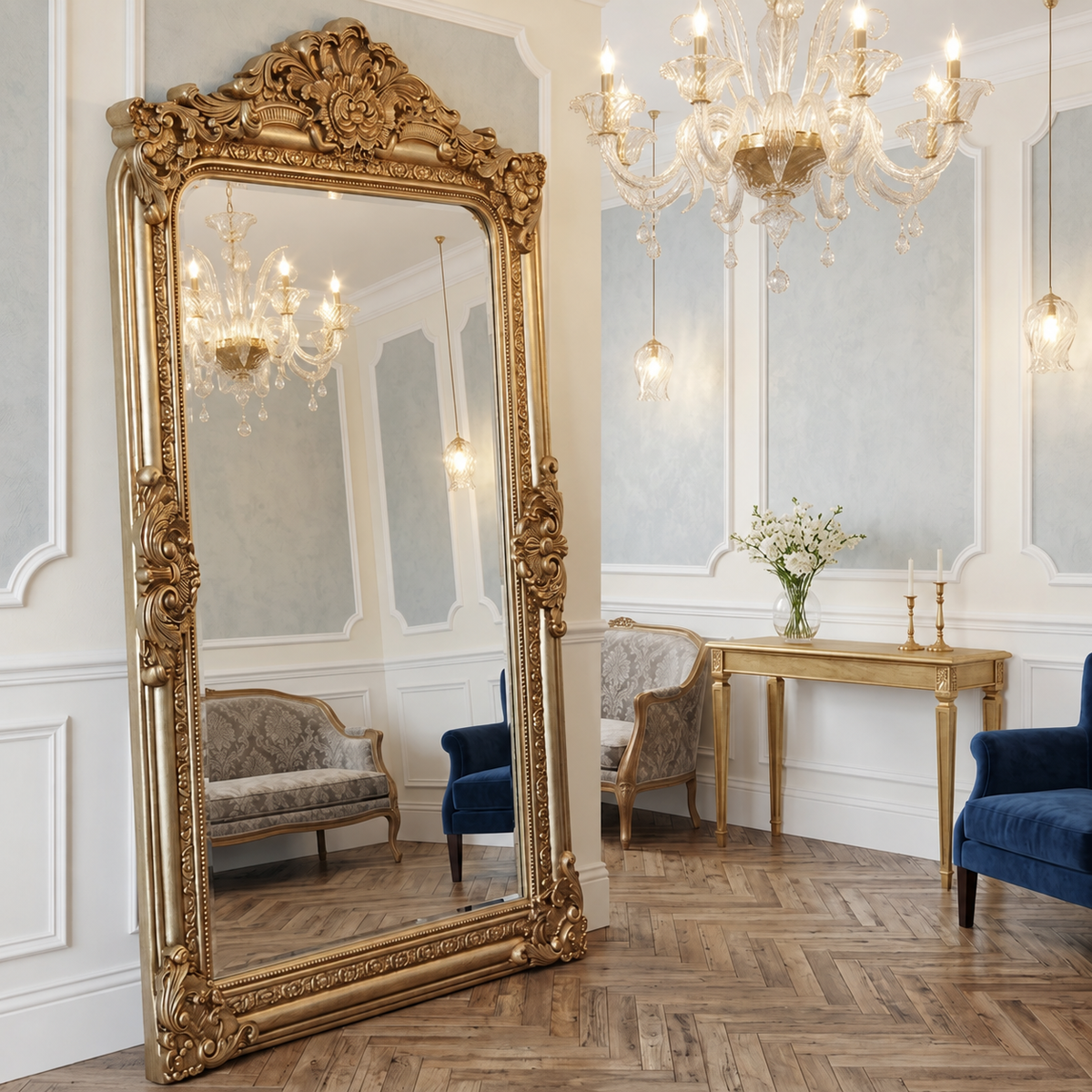 Gold hand-carved French Baroque full-length mirror in a living room