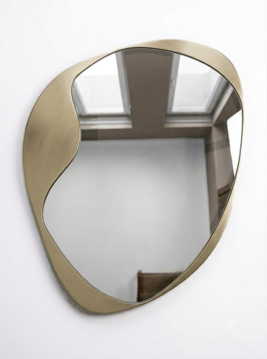 Hemera irregular wall mirror with brass metallic lacquer frame, The Rheia Collection by North Kaiser