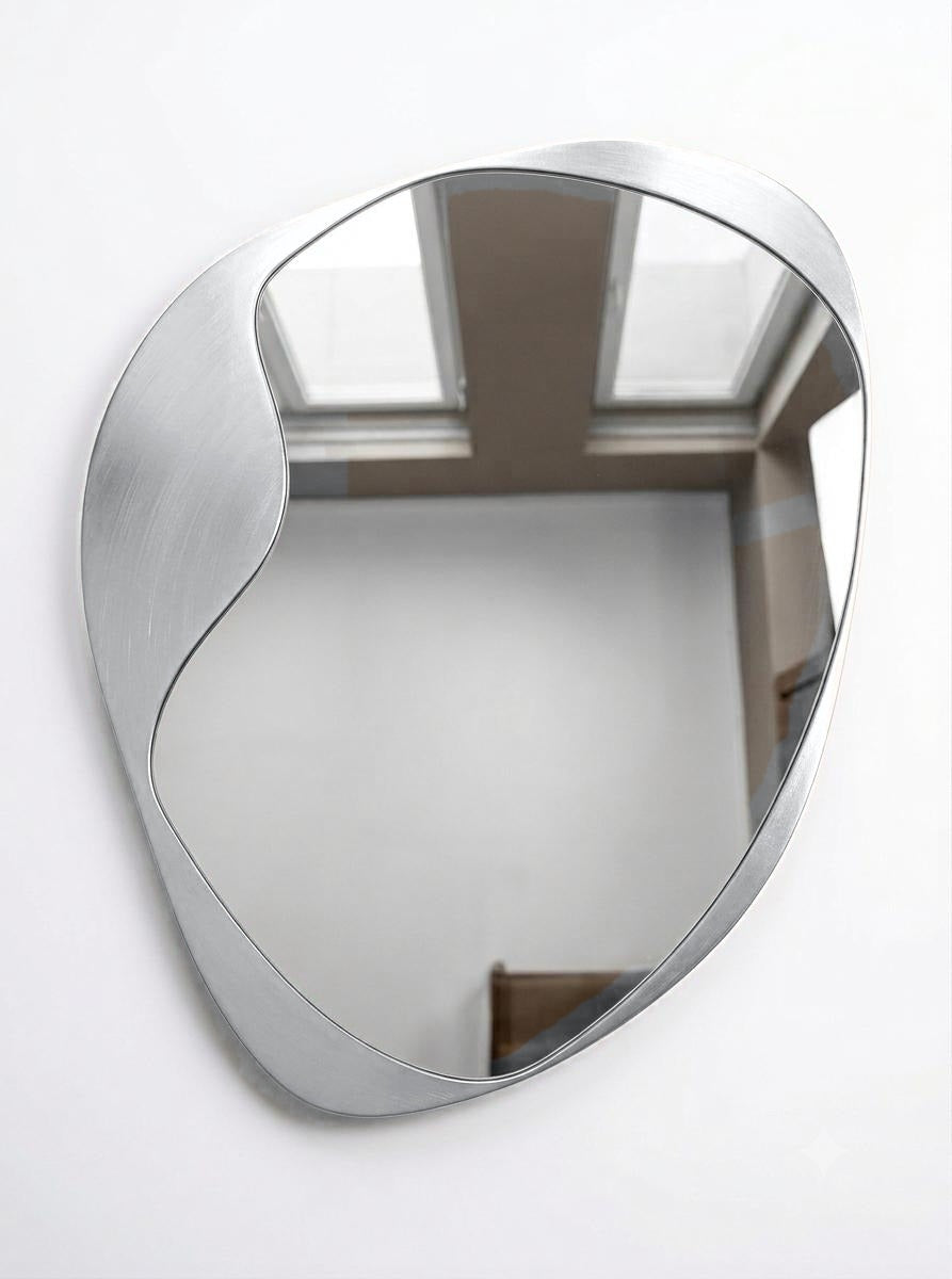 Hemera irregular wall mirror with silver metallic lacquer frame, The Rheia Collection by North Kaiser