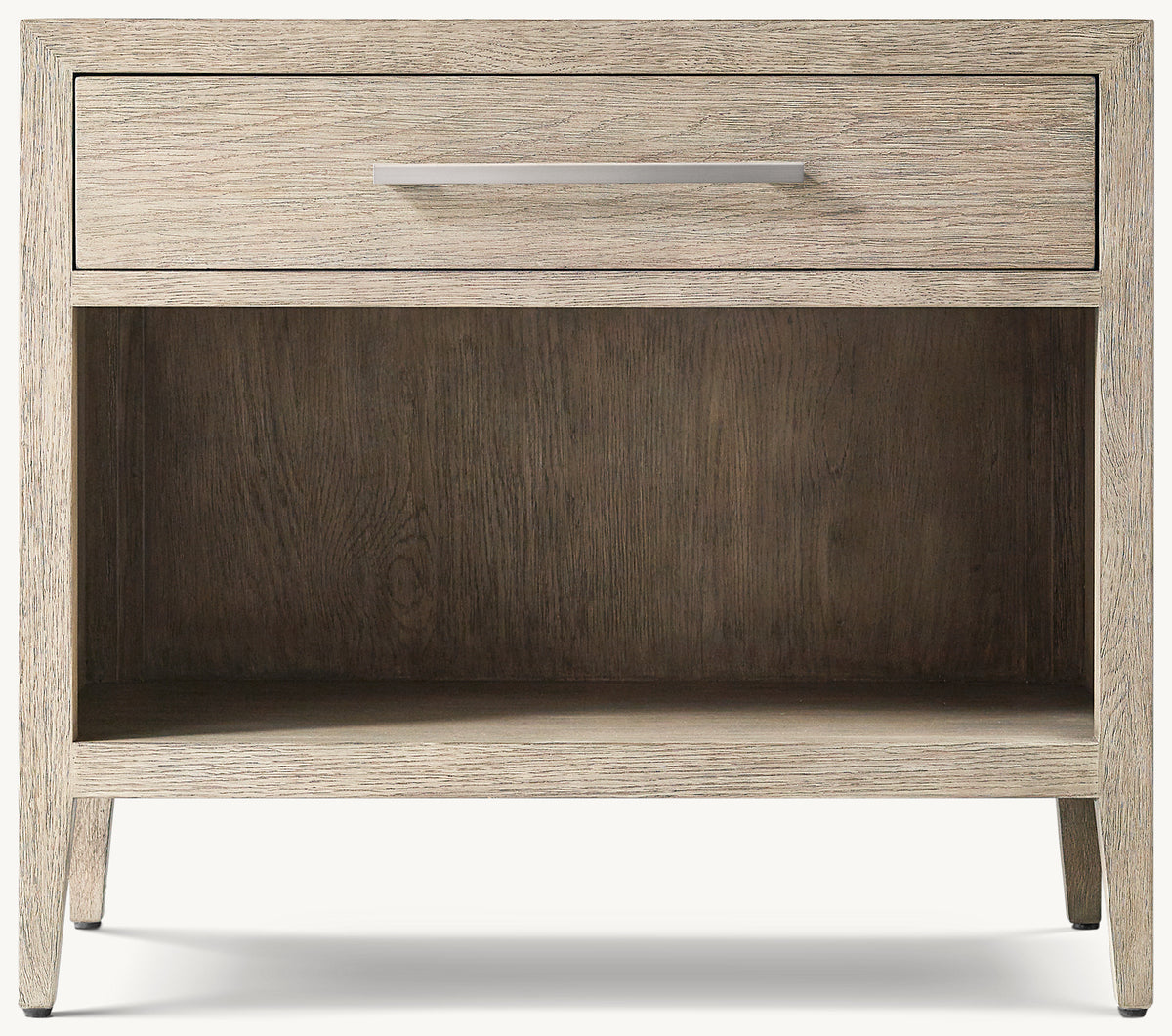 French Contemporary Open Nightstand – Whitewashed Oak/Light Pewter