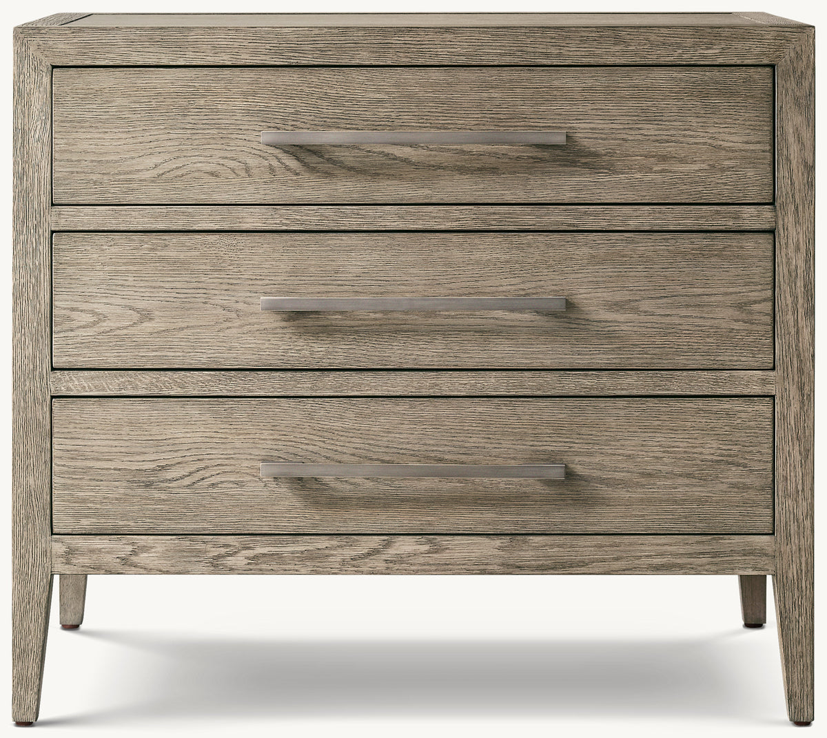 French Contemporary Closed Nightstand – Grey Oak/Satin Pewter