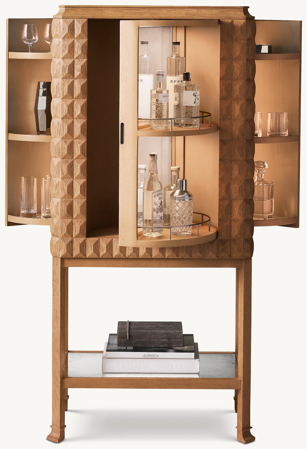 Italian Geometric Oak Bar Cabinet – Tall – center door open showing shelves holding bottles