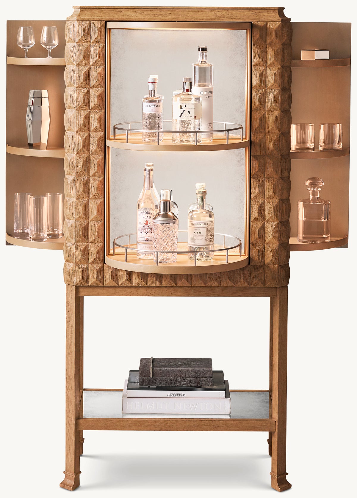 Italian Geometric Oak Bar Cabinet – Tall – side doors open showing shelved compartments and glassware