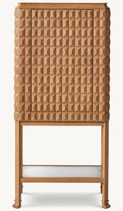 Italian Geometric Oak Bar Cabinet – Tall – closed front view with geometric textured doors on a slim stand