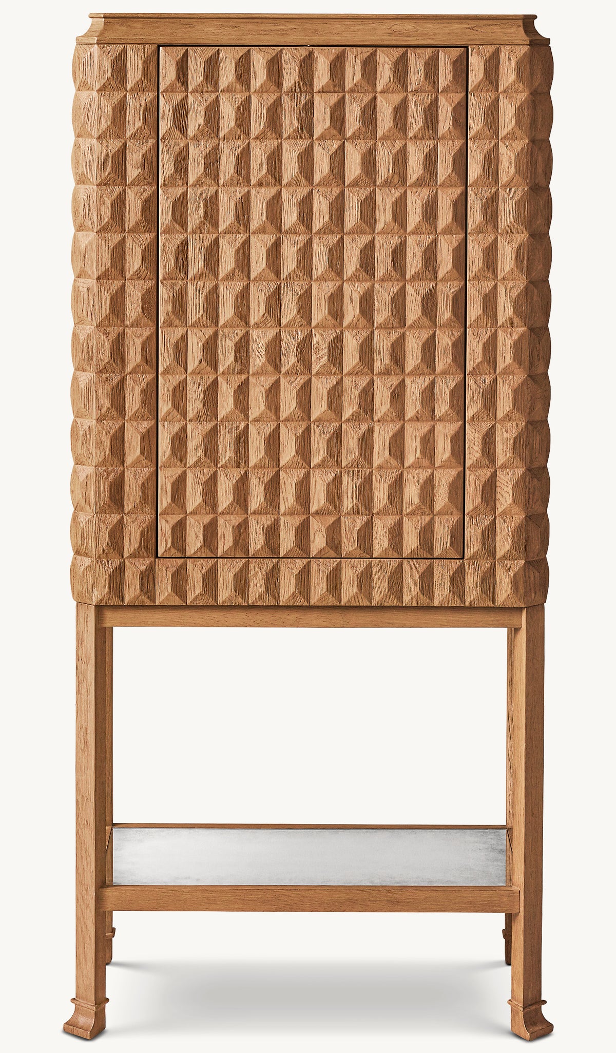 Italian Geometric Oak Bar Cabinet – Tall – closed front view with geometric textured doors on a slim stand