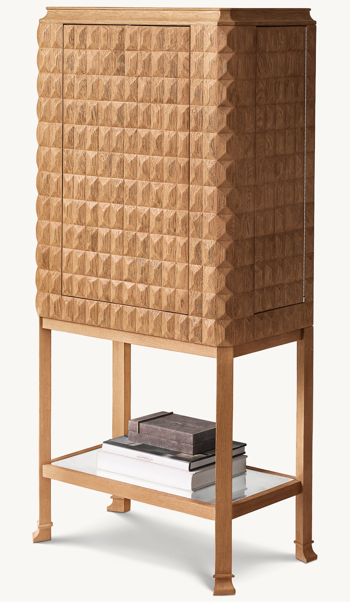 Italian Geometric Oak Bar Cabinet – Tall – three-quarter view of the closed cabinet with geometric veneer panels