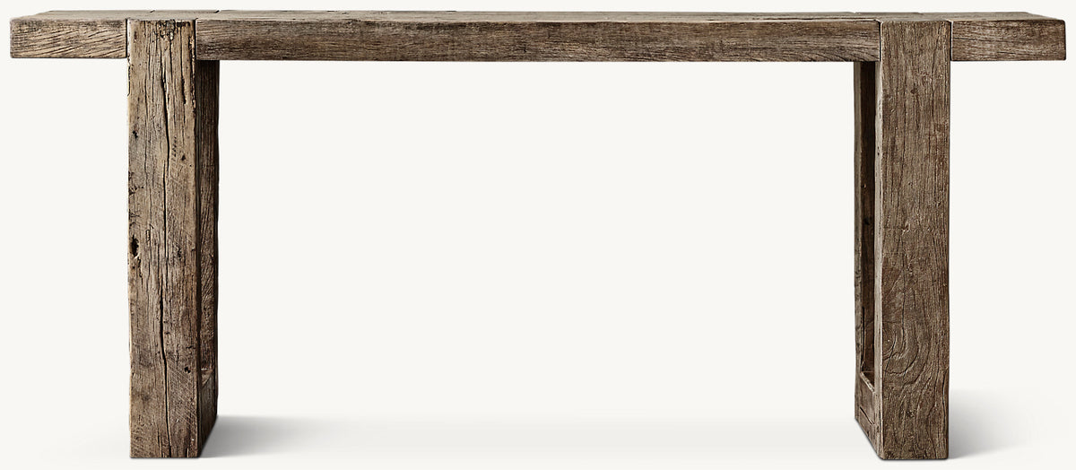 Reclaimed Rustic Oak Console Table – front view of the plank-top console on block legs