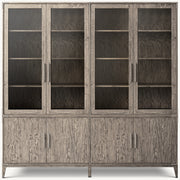 Cayden Campaign Glass 4-Door Sideboard & Hutch – Waxed Grey Oak/Pewter