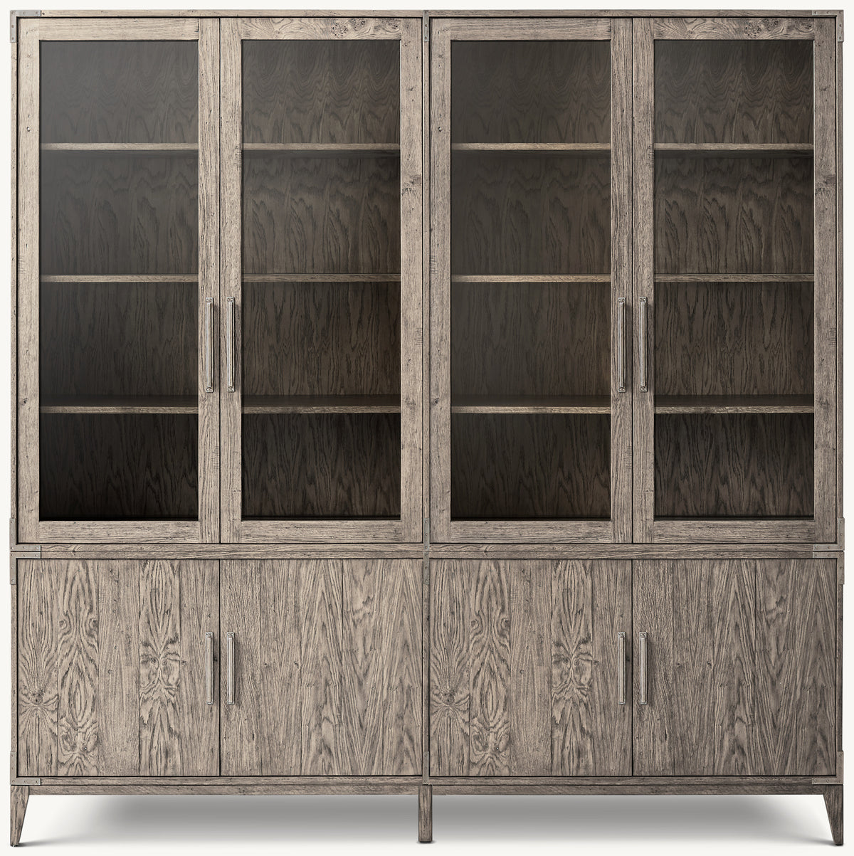 Cayden Campaign Glass 4-Door Sideboard & Hutch – Waxed Grey Oak/Pewter
