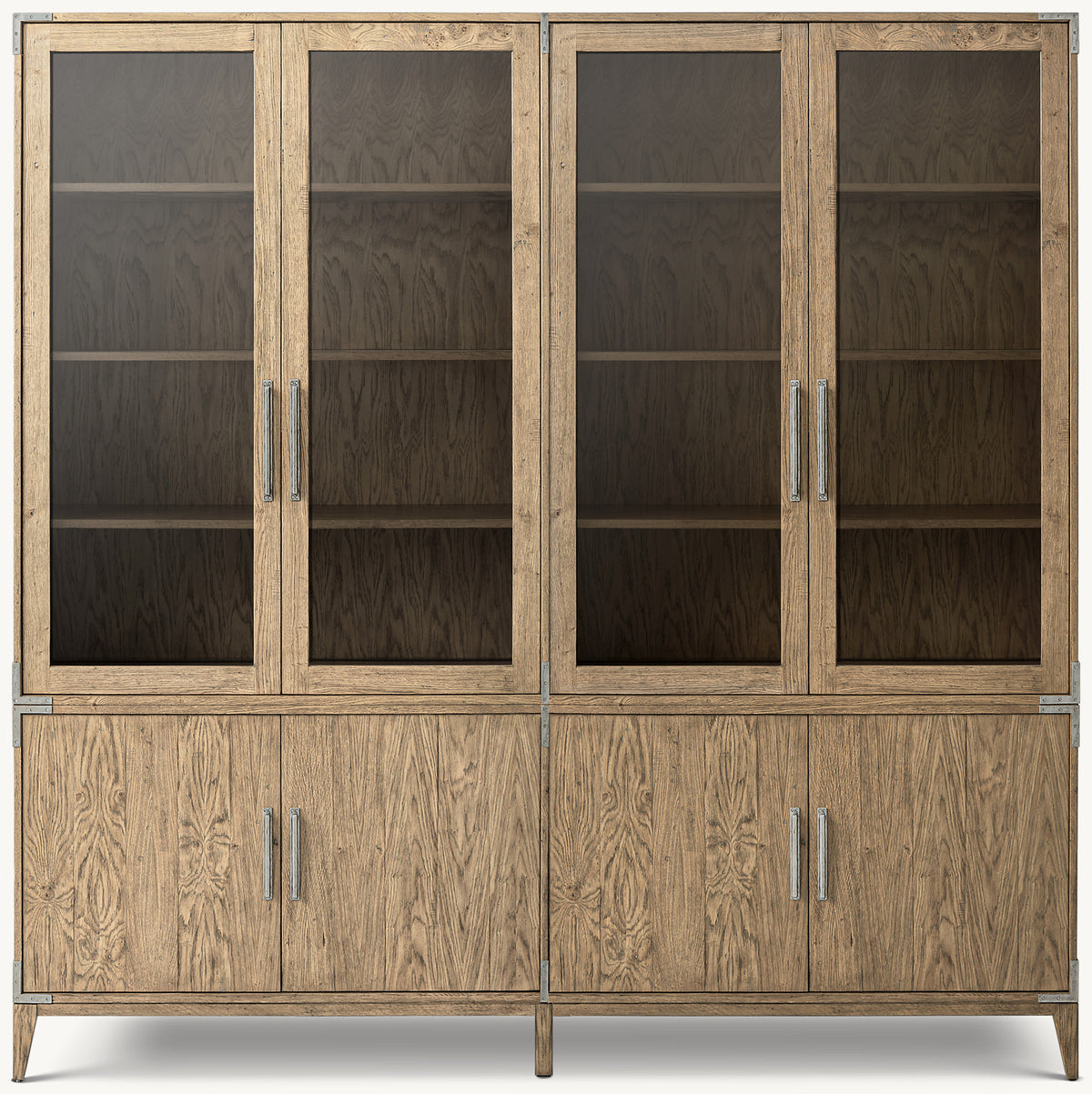 Cayden Campaign Glass 4-Door Sideboard & Hutch – Waxed Natural Oak/Pewter