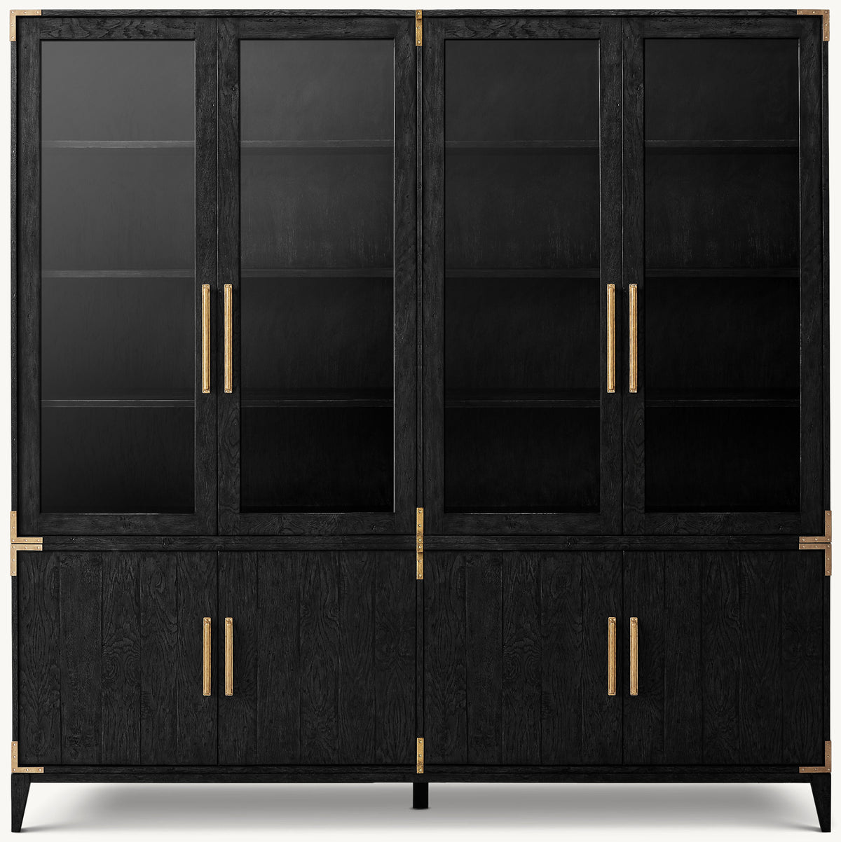 Cayden Campaign Glass 4-Door Sideboard & Hutch – Waxed Black Oak/Brass