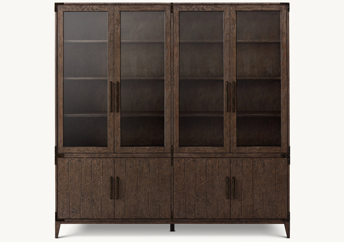 Cayden Campaign Glass 4-Door Sideboard & Hutch – Waxed Brown Oak/Bronze